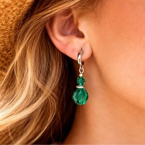 Vintage Emerald Green Glass Dangle Earrings Silver Hoop Studs Minimalist